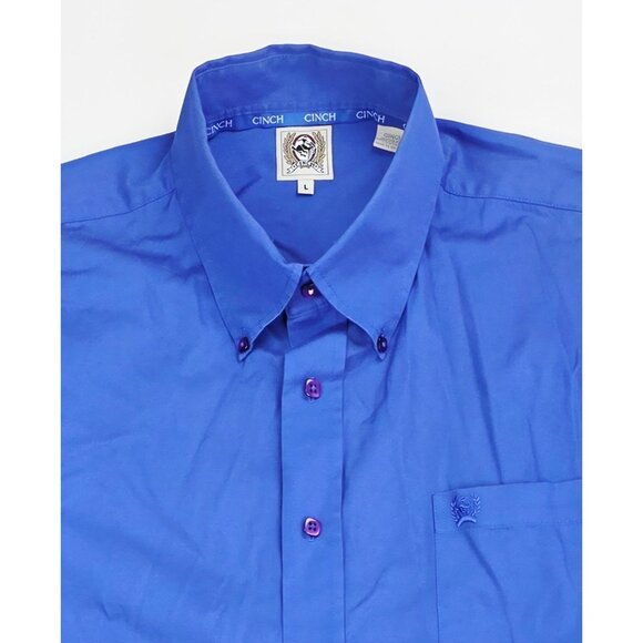 Cinch Size Large Mens Blue Embroidered Pocket Logo Button Down Cotton Shirt - Picture 5 of 9